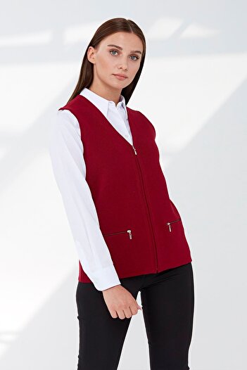 Desen Triko Women's Steel Knit Pocket Zippered Plain Knit Vest