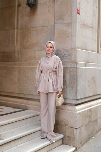 LOCCO Women's Pleated Detailed Belted Double Suit Powder