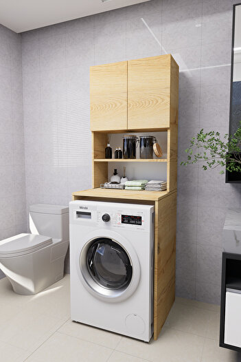 Mirobi Verani Çamaşır Makinesi Dolabı Banyo Kiler Çift Kapaklı Arkalıklı Dolap Çam 180x65x30