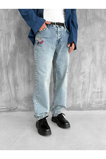 ablukaonline Erkek Slogan İşlemeli Baggy Jean Pantolon Mavi