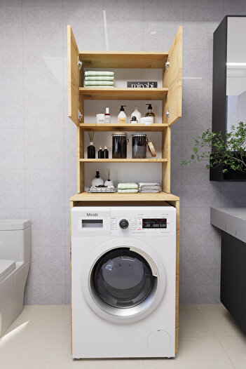 Mirobi Verani Çamaşır Makinesi Dolabı Banyo Kiler Çift Kapaklı Arkalıklı Dolap Çam 180x65x30