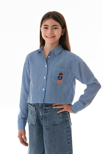 Fulla Moda Striped Teddy Bear Embroidered Pocket Girl's Shirt