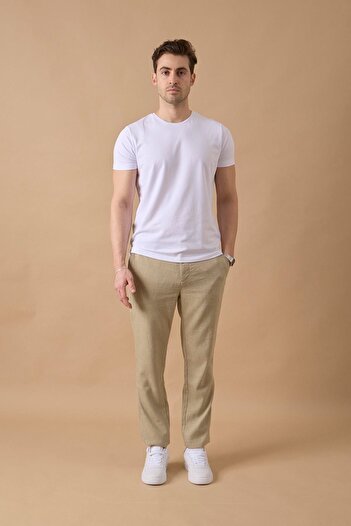 BRACCAS Men's Khaki Slim Fit Linen Blended Striped Trousers