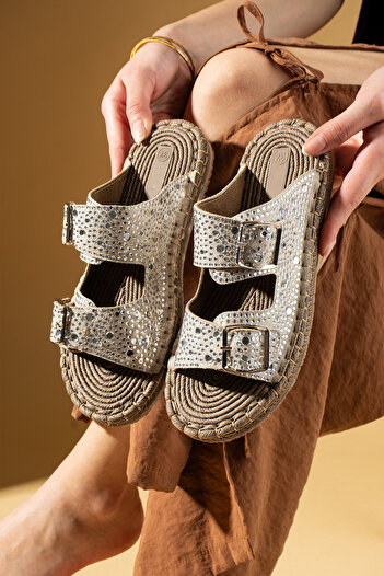 Pembe Potin Women's Beige Suede Crystal Double Buckle Poly Comfortable Straw Sole Slippers Sandals