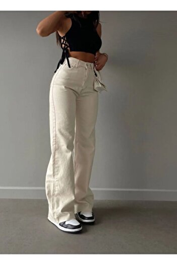 CİHAN PAPEL Γυναικείο Cream Loose Jeans Ψηλόμεσο Κρέμα Palazzo Jeans