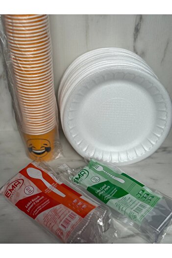 maycup Yuvarlak Orta Boy Tabak - Karton Bardak - Kaşık - Çatal40 Adet Piknik ve Kullan At Set Maycup