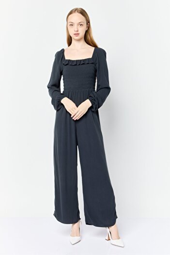 AMERICAN EAGLE Women Textured Long Sleeves Jumpsuits, Charcoal Grey