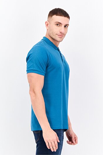 Lee Men Regular Fit Embroidered Logo Short Sleeves Polo, Teal Blue