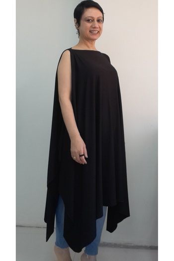 Mertcan Butik Black Cape Look Boat Neck Multi-Purpose Sleeveless Combed Viscose Loose Vest Tunic T-Shirt Dress