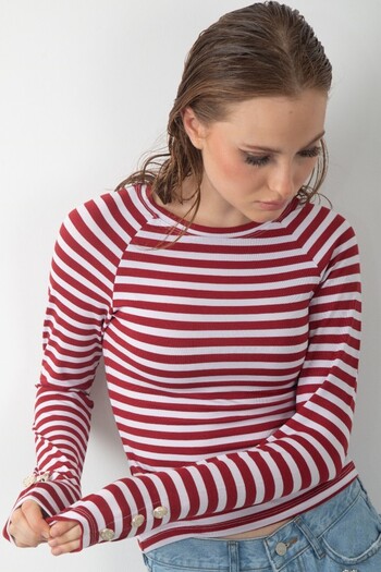 LUQAJ Red White Striped Long Sleeve Body Button Detailed Soft Touch Raglan Basic Blouse Lycra T-Shirt