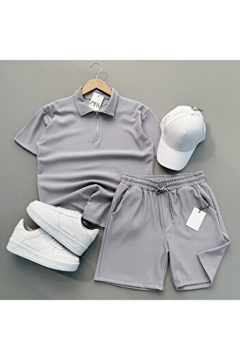 viperkombin Zippered Corduroy Polo T-Shirt and Shorts 2-Piece Combination