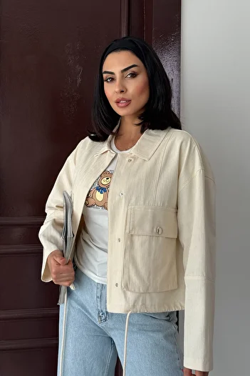 Ortaya Çık Beige Raw Linen Jacket with Large Pocket Detail and Snap Fasteners