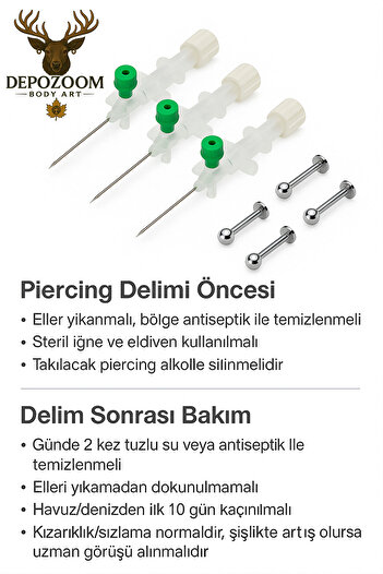 depozoom Kanül İntraket YEŞİL 3 adet Kulak delim iğnesi 3 adet 316L piercing 1,2x12 mm
