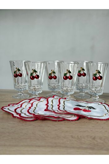 Hediye Köşkü 6 Kişilik 12 parça Kirazlı Kahve Yanı Su Bardak ve Peçetelik Seti