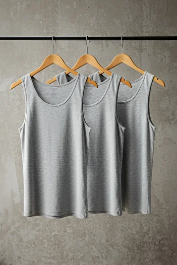 Trendyol Collection Gray U Collar Combed Cotton 3-Piece Cotton Underwear Undershirt