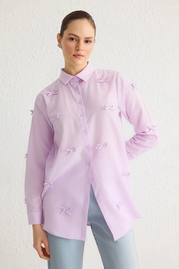 Trendyol Modest Λεπτομερές υφαντό πουκάμισο με φιόγκο σε σκόνη TCTSS25TG00002