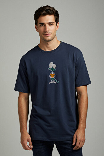 Trendyol Collection Blue Oversize Embroidery Revealed Detailing 100% Cotton T-Shirt Tmnss25Ts00199