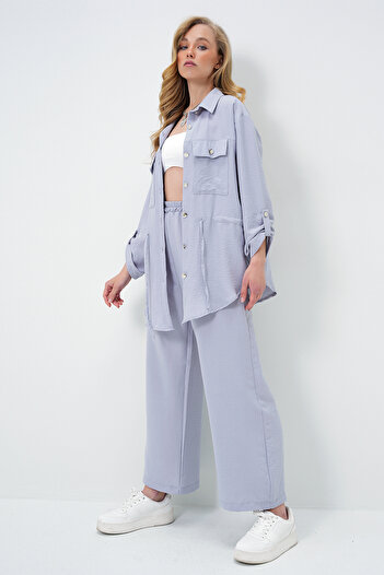Trend Alaçatı Stili Women's Gray Double Pocket Safari Jacket and Elastic Waist Wide Leg Aerobin Trousers Suit Ymx8448
