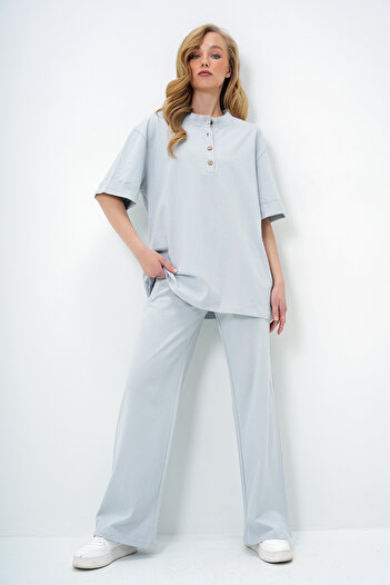 Trend Alaçatı Stili Women's Gray Double Sleeve Collar Buttoned Top and Bottom Suit with Trousers Alc-X11487