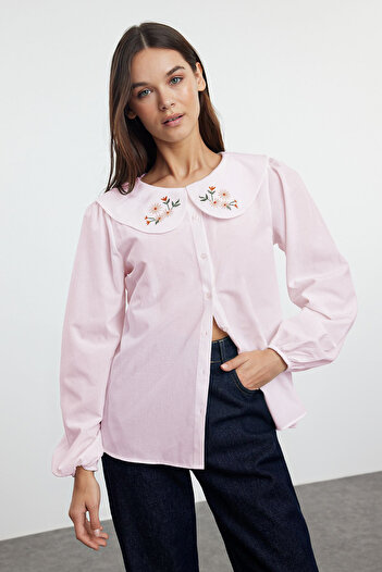 Trendyol Collection Light Pink Collar Embroidery Detail Woven Shirt Twoss23Go00009