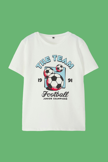 TRENDYOLKIDS Kurzarm-T-Shirt mit Fußball-Aufdruck für Jungen aus Ecru-Baumwolle