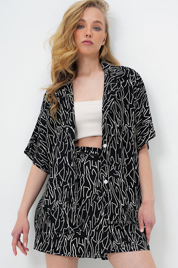 Trend Alaçatı Stili Női fekete kabát hajtóka Oversize poplin ing és felköthető rövidnadrág szoknya szett ALC-X13941