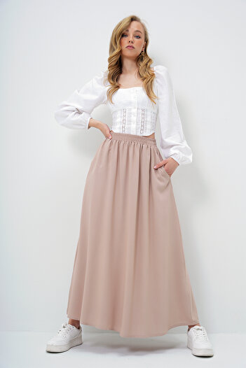 Trend Alaçatı Stili Women's Beige Double Pocket Flared Woven Skirt Alc-X13876