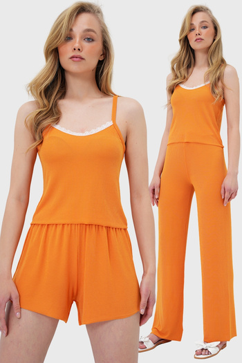 Trend Alaçatı Stili Women's Orange Rope Strap Lace Detailed Blouse, Shorts and Trousers 3-Piece Set Pajama Set Pjm-X13917