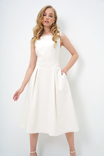 Trend Alaçatı Stili Women's Ecru Boat Neck Stitching Detailed Midi Length Lined Flared Dress Alc-X13975