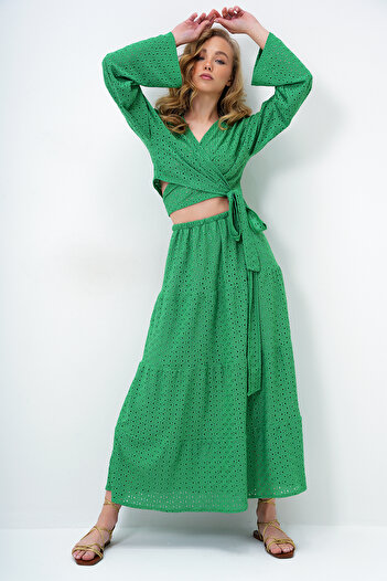 Trend Alaçatı Stili Women's Green Katkat Flounce Guipure Premium Skirt Alc-X14141