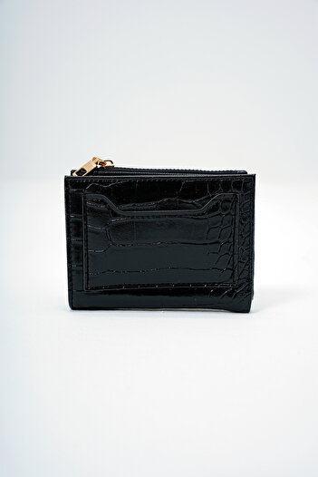 Trend Alaçatı Stili Women's Black Faux Leather Croco Pattern Wallet Card Holder with Paper and Coin Compartments Alc-X14082