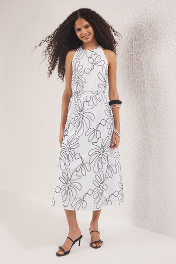 Trendyol Collection Ecru Skirt Waist Open Floral Embroidery Midi Woven Dress Twoss25El00428