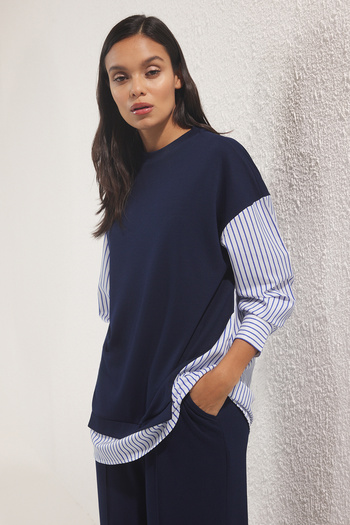 Trendyol Modest Navy Blue Striped Woven Fabric Detailed Knitted Bottom-Top Set Tctss25Us00042