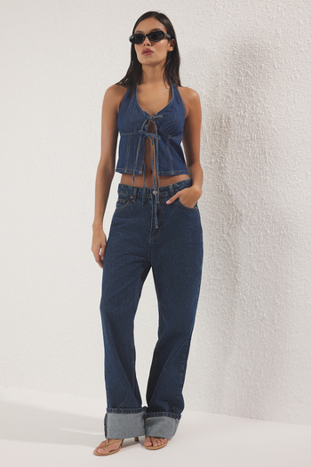 Trendyol Collection Dark Blue Lacing Detail Halter Neck Denim Blouse Twoss25Bz00431