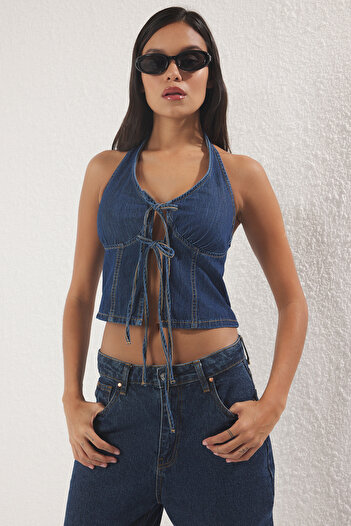 Trendyol Collection Dark Blue Lacing Detail Halter Neck Denim Blouse Twoss25Bz00431