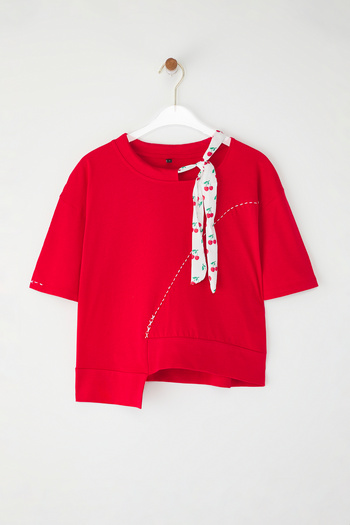 Edit by Trendyol Red Thick Cotton Cherry Printed Halter Neck Detailed Knitted T-Shirt Tedss24Ts00001