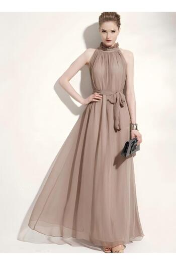 Generic Bohemian Halter Neck Floor-Length Stand-Up Collar Chiffon Dress Beach Dress Off-The-Shoulder Dress