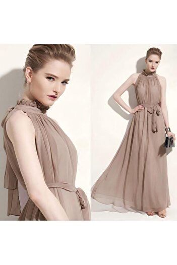 Generic Bohemian Halter Neck Floor-Length Stand-Up Collar Chiffon Dress Beach Dress Off-The-Shoulder Dress