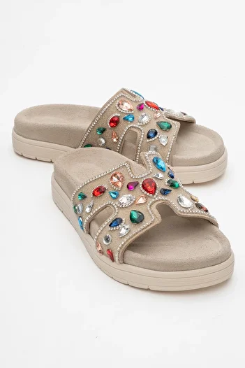 LuviShoes Brave Beige Genuine Leather Colored Stone Women's Slippers