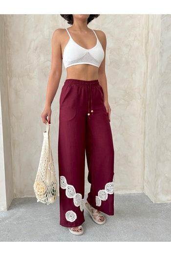 Miss Allos Women's Front Tie-Up Linen Trousers with Embroidered Hem