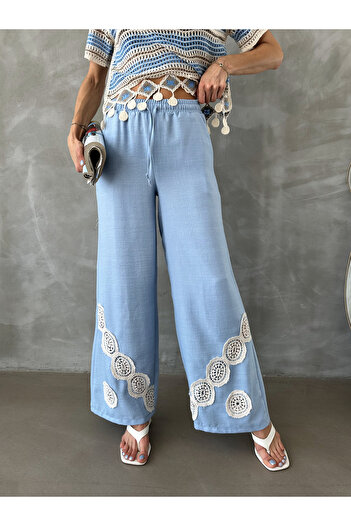 Miss Allos Women's Front Tie-Up Linen Trousers with Embroidered Hem