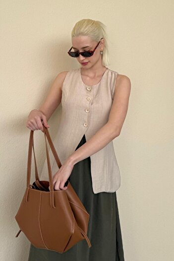 Madmext Stone Color Crew Neck Women's Long Vest Mg2331