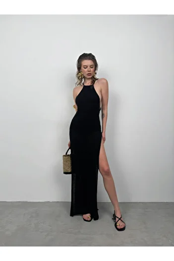 Black Fashion Black Maxi Pareo - Double Slits and Textured