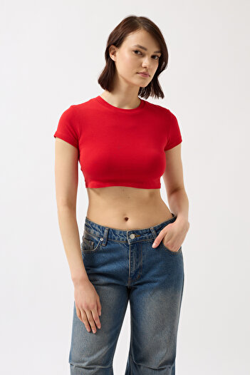 Black Fashion Lycra Basic Crop Red T-Shirt
