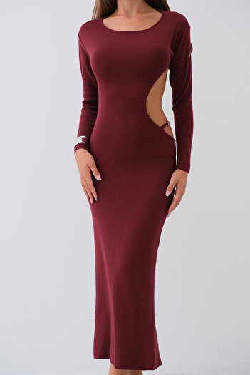 Black Fashion Bisiklet Yaka Sırt Dekolteli Bordo Elbise