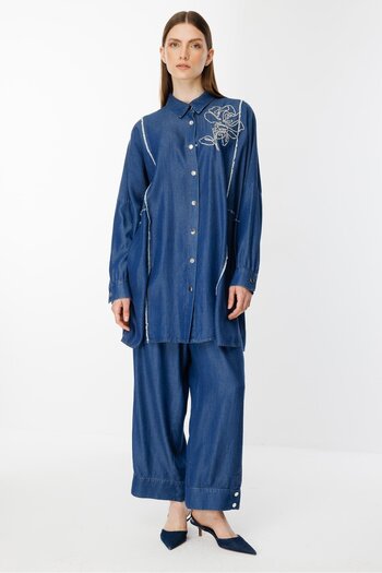 Ghisa Embroidery Detailed Suit Navy Blue