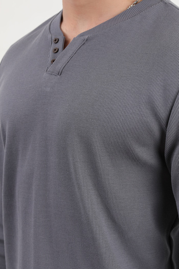 JB John Borners Men's V-Neck Button Detailed Textured Sweatshirt Anthracite - 5524