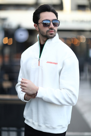JB John Borners Men's Stand Collar Half Zipper Embroidered Sweatshirt White - 10025