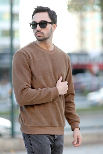 JB John Borners Ανδρικό φούτερ Oversize Καφέ Intersoft Ribbed Crew Neck Casual Cut - 5737