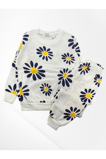 Pijamakids Girl's 100% Cotton White Color Daisies Flower Patterned Long Sleeve Winter Pajama Set